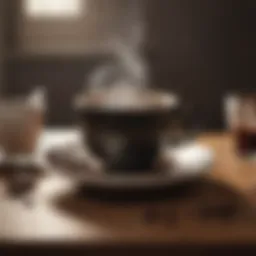 A steaming cup of black coffee placed on a wooden table