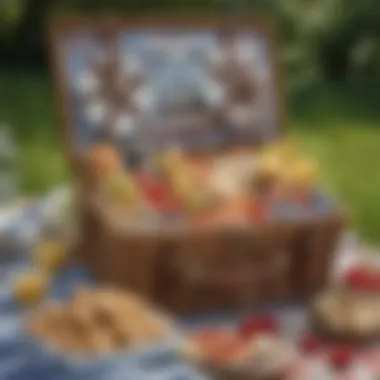 Elegant Picnic Basket Display An elegant picnic basket adorned with fresh flowers and handmade snacks