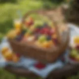 A beautifully arranged picnic basket filled with gourmet treats and vibrant fruits