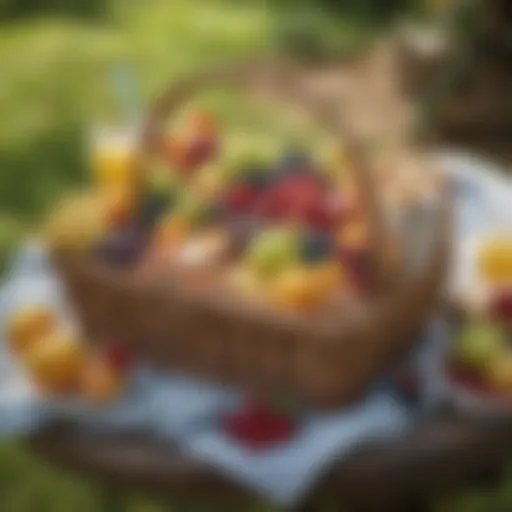 A beautifully arranged picnic basket filled with gourmet treats and vibrant fruits