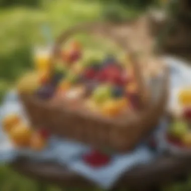 Gourmet Picnic Basket Arrangement A beautifully arranged picnic basket filled with gourmet treats and vibrant fruits