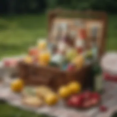 Wellness Picnic Basket Selection Stylish picnic basket featuring wellness products and refreshing beverages