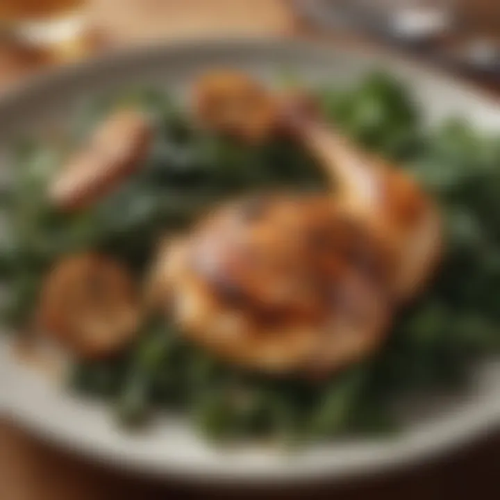 A beautifully arranged main course featuring grilled chicken with a side of sautéed greens.