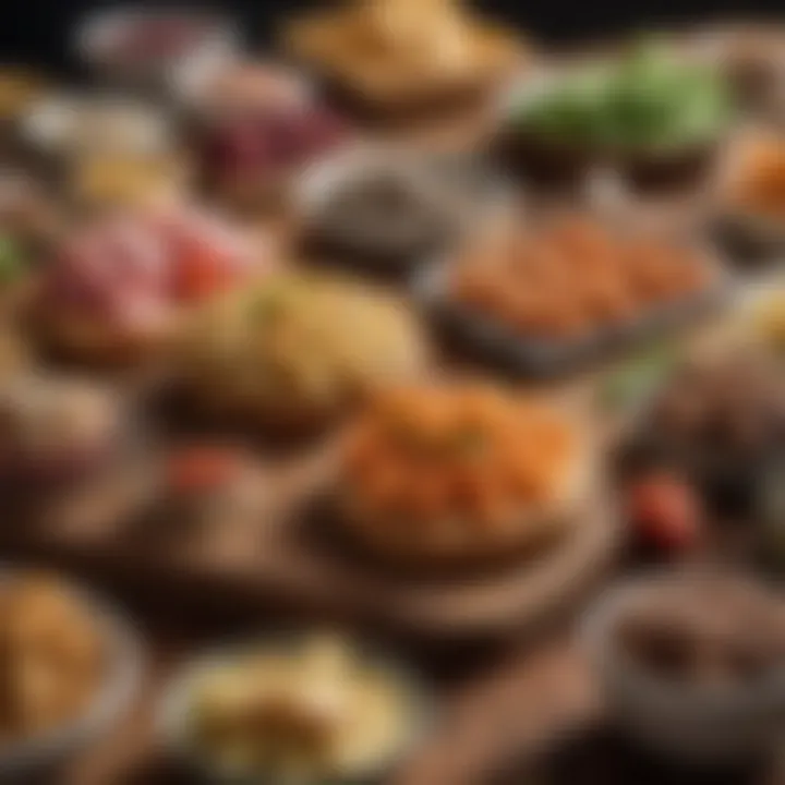 An assortment of various low-carb snacks displayed enticingly on a wooden board.