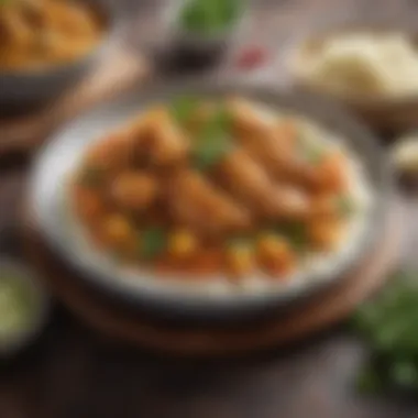 Exquisite Chicken Curry Delight A vibrant chicken curry served with rice and fresh herbs
