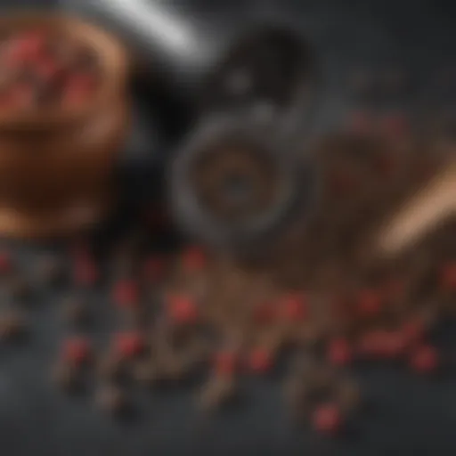 Close-up of high-quality peppercorns and grinder