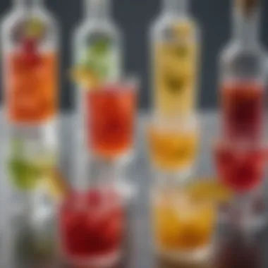 Colorful array of flavored vodka cocktails garnished with fresh ingredients