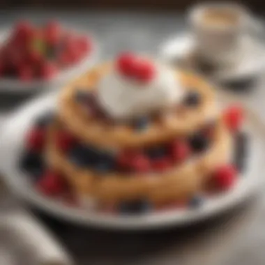 Gourmet Waffles with Berries and Cream A plate of gourmet waffles topped with fresh berries and whipped cream