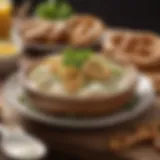 An assortment of Weisswurst served with sweet mustard and pretzels.