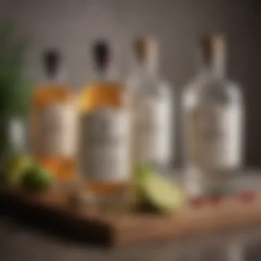 Artisan Gin Selections Artisan gin bottles elegantly arranged with botanical ingredients
