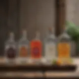Artisan gin bottles on a rustic wooden table