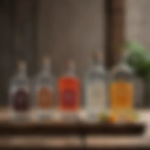 Artisan gin bottles on a rustic wooden table