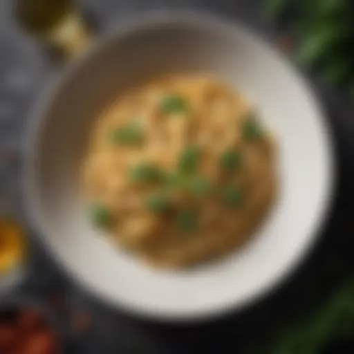 A beautifully plated pasta dish garnished with fresh herbs