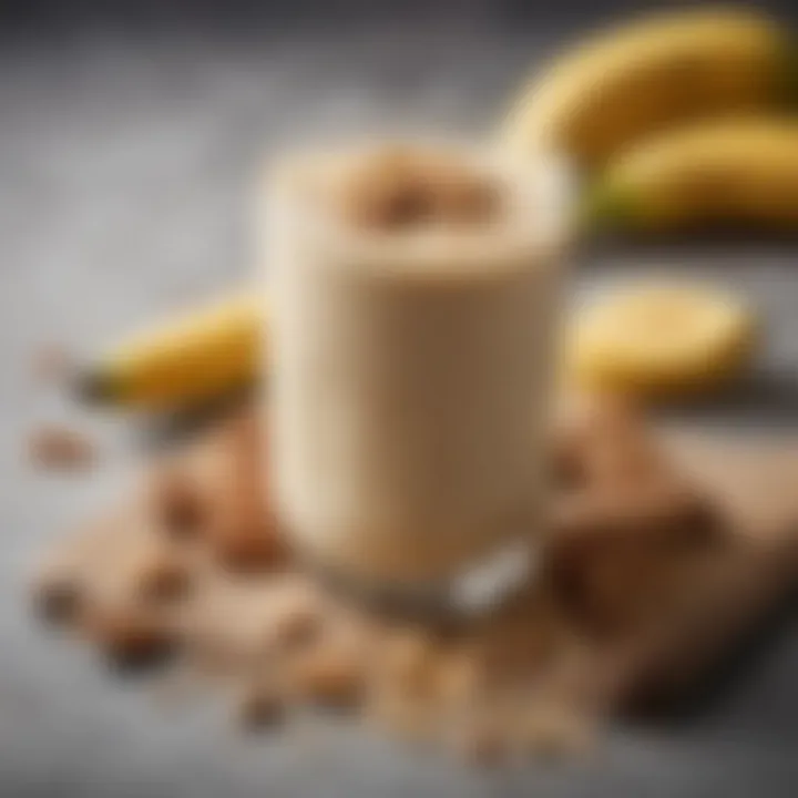 A creamy banana and almond smoothie, topped with crushed nuts and a sprinkle of cinnamon.