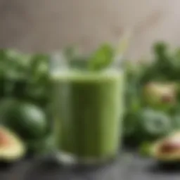 A vibrant green smoothie frothing in a clear glass, surrounded by fresh spinach and avocado.