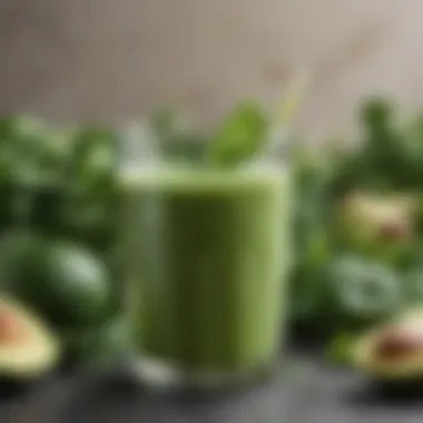 Nutrient-rich Green Smoothie A vibrant green smoothie frothing in a clear glass, surrounded by fresh spinach and avocado.