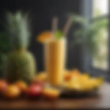 Refreshing Tropical Smoothie A tropical smoothie featuring bright mango and pineapple, garnished with mint leaves.