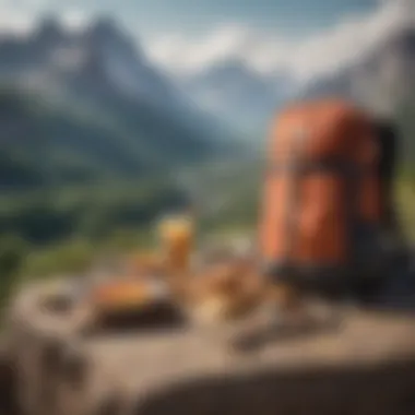 Scenic Hiking View with Snacks A scenic view of mountains with a backpack and snack.
