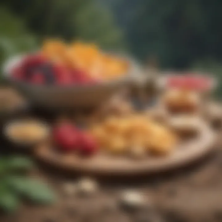 A variety of nutritious snacks displayed on a hiking trail.