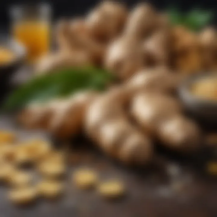 A vibrant display of fresh ginger root and spices