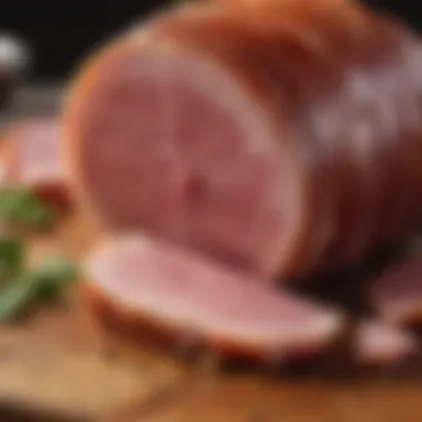 A close-up view of a sliced ham hock revealing its inner details.