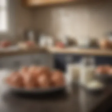 An array of eggs and dairy products arranged attractively on a kitchen countertop.