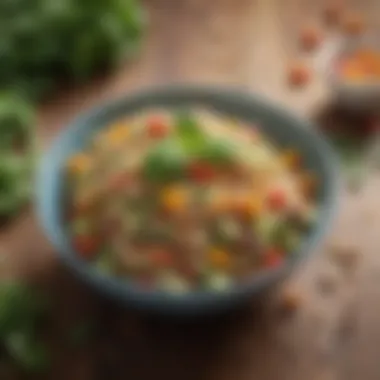 A beautifully plated quinoa salad adorned with fresh vegetables and herbs.