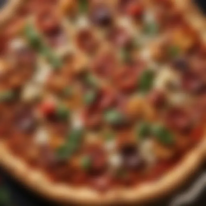 An artisanal pizza with a golden crust and colorful fresh toppings