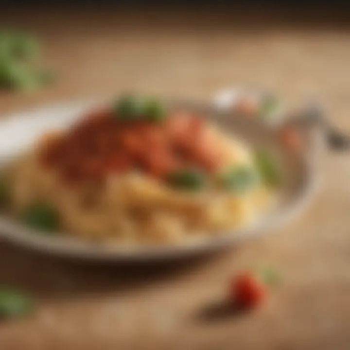 An elegant bowl of spaghetti topped with fresh basil and tomato sauce