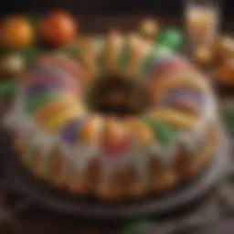 A beautifully decorated King Cake showcasing vibrant colors and detailed icing