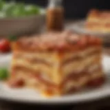 A beautifully layered traditional lasagna showcasing rich textures and colors