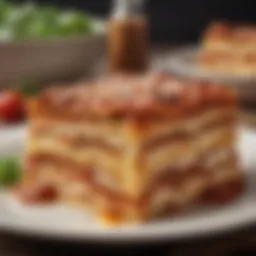 A beautifully layered traditional lasagna showcasing rich textures and colors