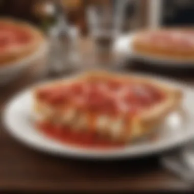 Enhancing the Deep-Dish Experience A slice of deep-dish pizza adorned with Lou Malnati's signature sauce