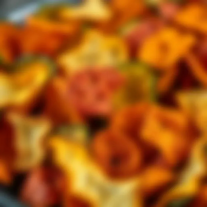Close-up of crispy vegetable chips arranged artistically