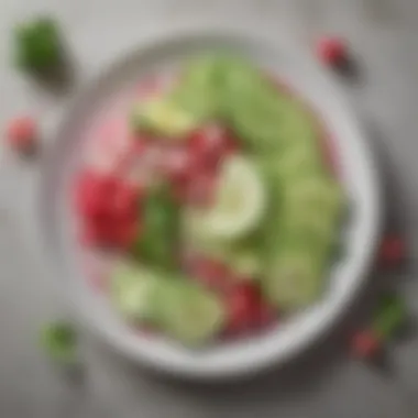 Artistic Arrangement of Low Calorie Veggies A close-up of sliced cucumbers and radishes artfully arranged on a platter