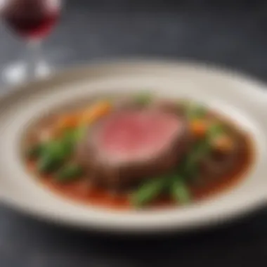 A beautifully plated dish featuring grass fed beef as the centerpiece