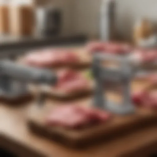Variety of manual meat tenderizers displayed on a kitchen counter