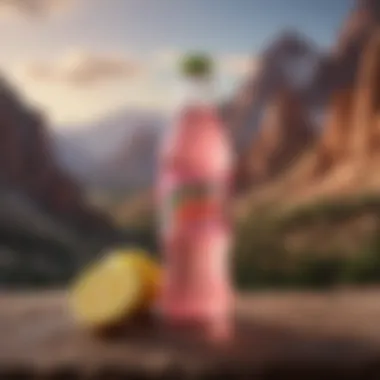 Mountain Dew Pink Lemonade Bottle A vibrant bottle of Mountain Dew Pink Lemonade against a scenic backdrop