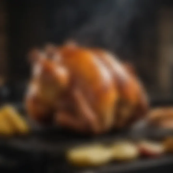 Deliciously roasted chicken on a rotisserie grill