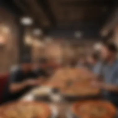A bustling New York pizzeria filled with diners enjoying pan pizza