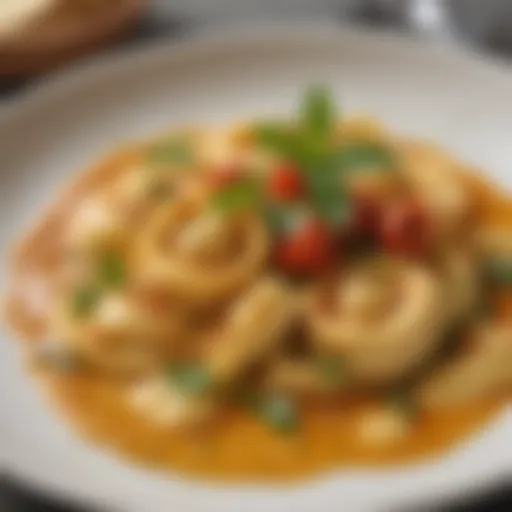 A beautifully plated dish of tortellini featuring a rich sauce and fresh herbs