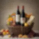 Elegant arrangement of wine bottles and gourmet snacks in a gift basket