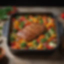 A beautifully arranged oven dish showcasing vibrant vegetables and a perfectly cooked protein.
