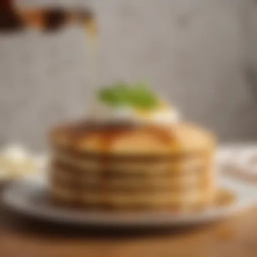 A close-up view of a golden pancake drizzled with stevia sweetened syrup