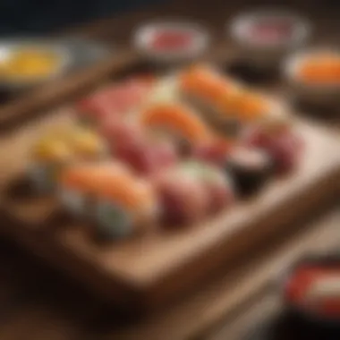 Artistic Sushi and Poke Arrangement An artistic arrangement of sushi and poke dishes on a stylish wooden platter