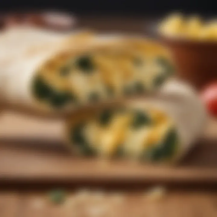 A hearty breakfast wrap filled with scrambled eggs, spinach, and cheese.