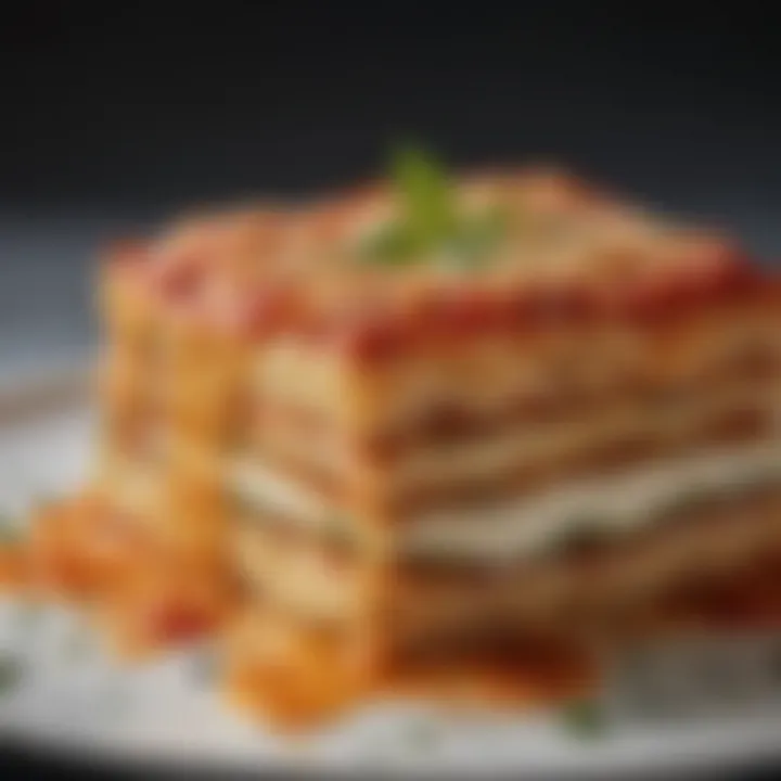 A close-up view of the textures and colors in raw noodle lasagna, highlighting its artistic presentation.