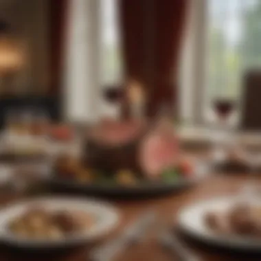 A gourmet table setting featuring prime rib and side dishes