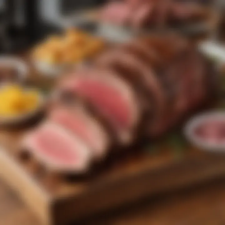 A selection of prime rib cuts displayed on a wooden board