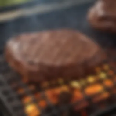 A beautifully set outdoor grill with sizzle steak sizzling on the grate